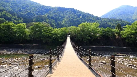 Suspension bridge over river Stock Footage 234243600