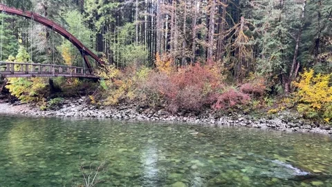 Suspension bridge over the river. Gateway wooden bridge. Stock Footage 220558985