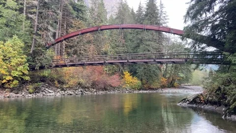 Suspension bridge over the river. Gateway wooden bridge. Stock Footage 220559028