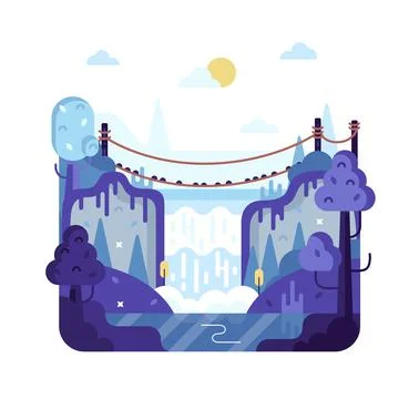 Suspension bridge over the waterfall, vector cartoon illustration in flat stile Illustrazione stock