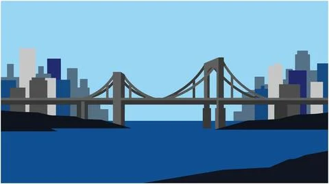 Suspension bridge spanning across a river in front of a city skyline 스톡 일러스트