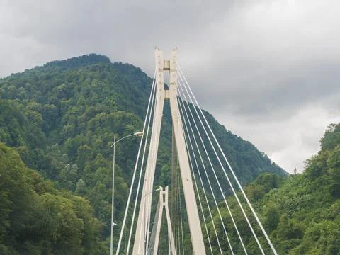 Suspension cable-stayed bridge on the road to Krasnaya Polyana Stock Photos
