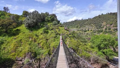 Suspension pedestrian bridge of Barca da Amieira, Portugal Stock Footage 277284335