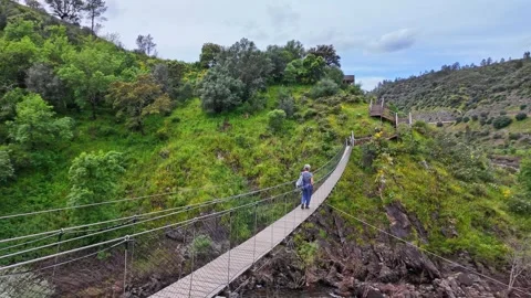 Suspension pedestrian bridge of Barca da Amieira, Portugal Stock Footage 277284457
