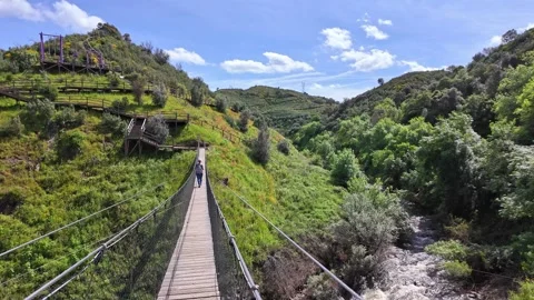 Suspension pedestrian bridge of Barca da Amieira, Portugal Stock Footage 278095023