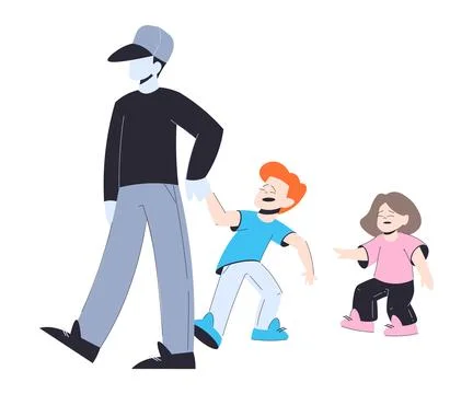 Suspicious Man Stranger Pull Little Boy by Hand Vector Illustration Stock Illustration