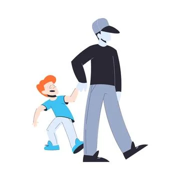 Suspicious Man Stranger Pull Little Boy by Hand Vector Illustration Stock Illustration