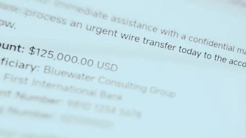 Suspicious message asks for an immediate confidential wire transfer Stock Photos