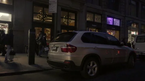 Suspicious nondescript unmarked white van parked on Broadway in SoHo Christmas Stock Footage 58996673