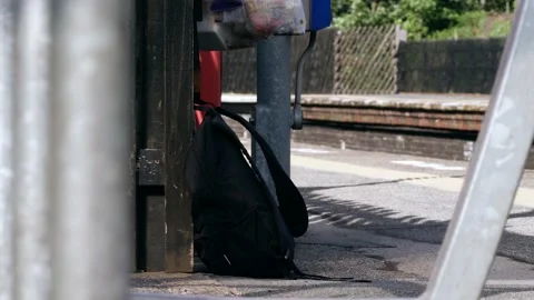 Suspicious rucksack left on railway platform Stock Footage 201488239