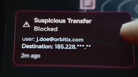 Suspicious Transfer Blocked Cybersecurity Warning With Masked Destination 4K Stock Footage 341853413