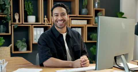 Sustainability, computer or man in office with face, impact advisor or pride as Stock Footage 342330888