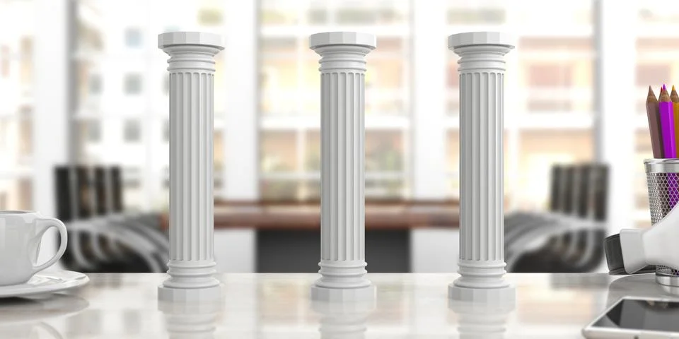 Sustainability concept.Three classical pillars on an office desk, blurred bac Stock Illustration