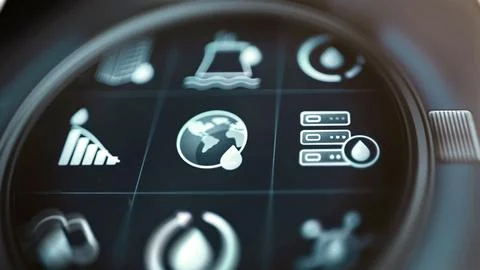 Sustainability control icons on circular touchscreen Stock Photos