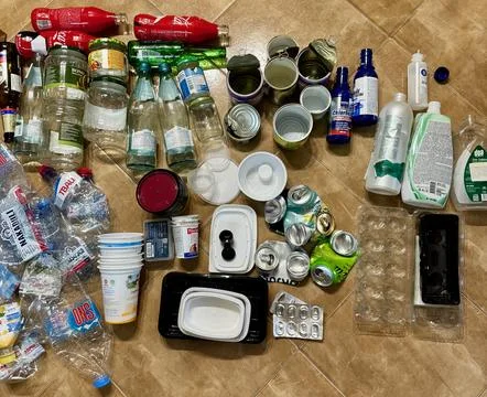 Sustainability waste sorting of recyclable materials, plastic, metal and pa.. Stock Photos
