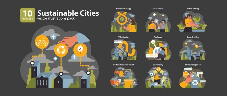 Sustainable Cities set. Flat vector illustration Ilustración de archivo