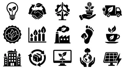 Sustainable development and eco friendly industry black icon set vector イラスト素材