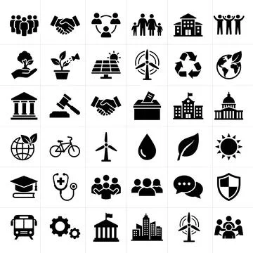 Sustainable development goals icon set featuring community, renewable energ.. Stock Illustration
