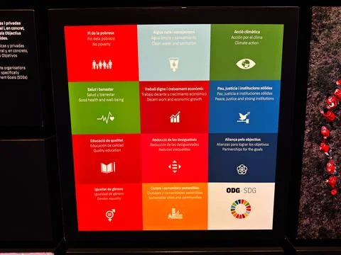 Sustainable Development Goals poster display with colorful SDG icons and la.. 스톡 사진