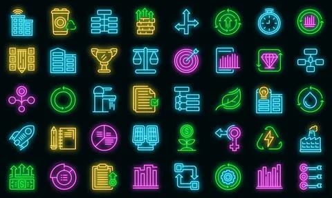 Sustainable development icons set vector neon 스톡 일러스트