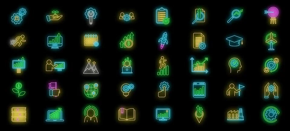 Sustainable development icons set vector neon Stock Illustration