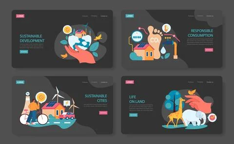 Sustainable development web or landing set. Global action for better Illustrazione stock