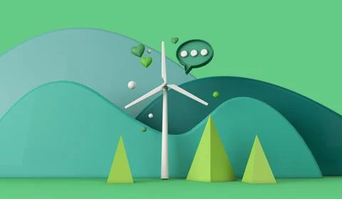 Sustainable energy wind turbine in an eco green landscape. 3D Rendering Stock Illustration