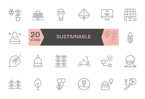 Sustainable Essential Vector Set including 24 Pixel Aligned Thin Line 64x64.. Stock Illustration