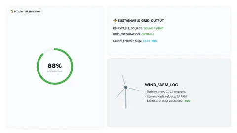Sustainable grid output wind farm log HUD interface with efficiency metrics. Stock Footage 344890697