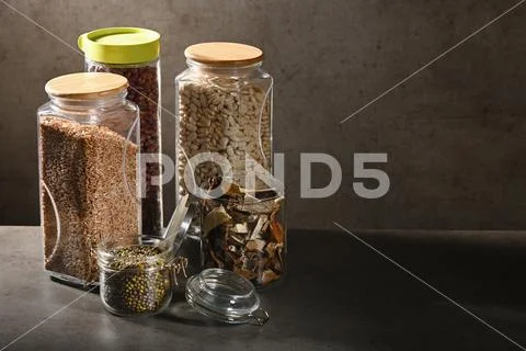 Sustainable lifestyle concept, zero waste, cereals and beas in glass. Stock Photos