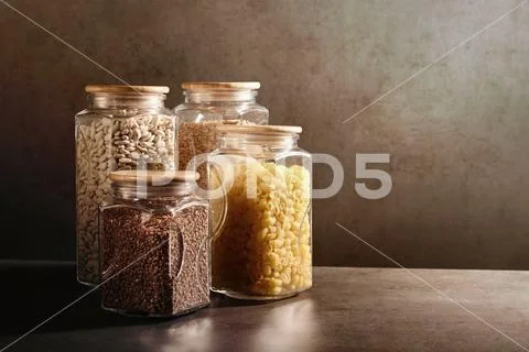 Sustainable lifestyle concept, zero waste, cereals and beas in glass. Stock Photos