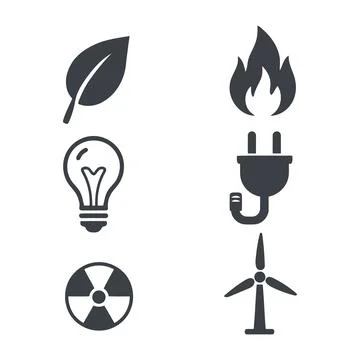 Sustainable Power Solutions Leaf, Flame, and Wind Turbine Energy Icons Stock Illustration