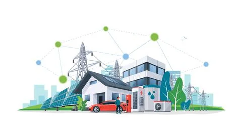 Sustainable Renewable Energy Battery Storage Network House in City Stock Illustration