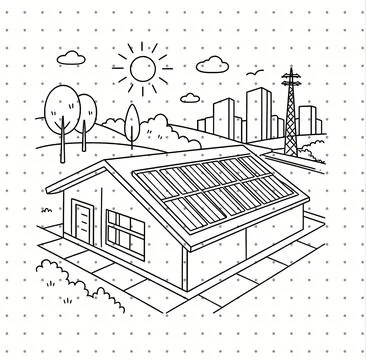 Sustainable solar power system concept vector featuring eco house, sun rays, and Stock Illustration