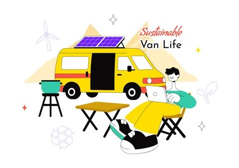 Sustainable Van Life Vector Illustration Featuring Eco Friendly Camper Van,.. Stock Illustration