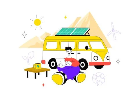 Sustainable Van Life Vector Illustration Featuring Eco Friendly Camper Van,.. Stock Illustration