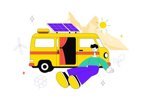 Sustainable Van Life Vector Illustration Featuring Eco Friendly Camper Van,.. Stock Illustration