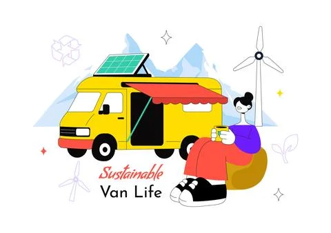 Sustainable Van Life Vector Illustration Featuring Eco Friendly Camper Van,.. Stock Illustration
