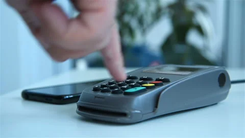 Сustomer Finger Dials Pin Code On Pos Terminal Stock Footage 155540537