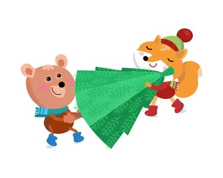 Сute bear and fox carry Christmas tree. Cartoon characters on white background.  Stock Illustration