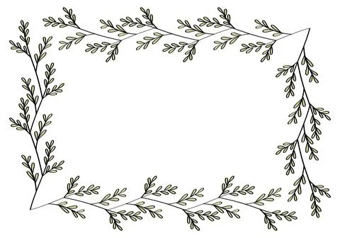Сute hand drawn rectangular frame of branches and leaves from bushes and trees Stock Illustration