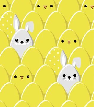 Сute yellow eggs with faces of bunny and chicks. Happy easter seamless pattern Illustrazione stock