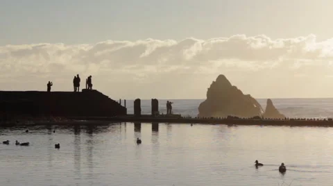 The Sutro Baths and the ocean at sunset in San Francisco, California. Video stock 59970137
