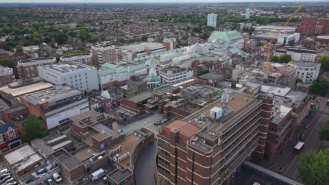 Sutton town UK above high street and shopping center aerial view Vidéo 337123421