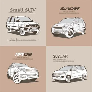 Suv car in ouline drawing vector illustration on frontside. Stock Illustration