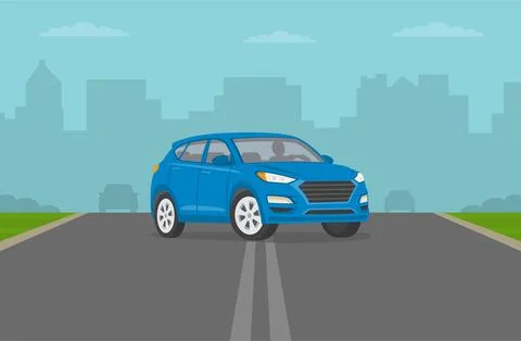 Suv car is passing double solid lines. Front view of a vehicle making u-turn. Stock Illustration