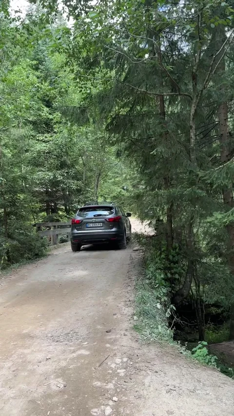 Suv car ride by small bridge in carpathian mountains Stock Footage 252068792