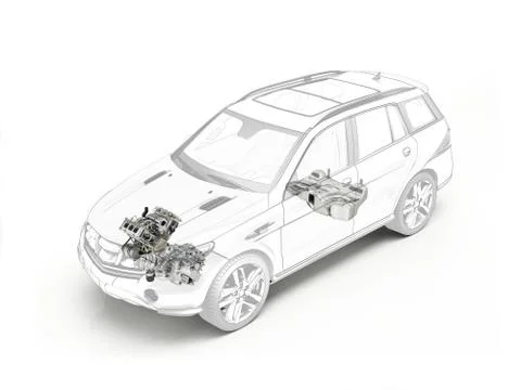 Suv cutaway drawing showing engine and fuel tank. Stock Photos