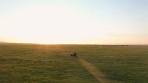 Suv driving through a vast green field at sunset aerial view Stock Footage 323917613