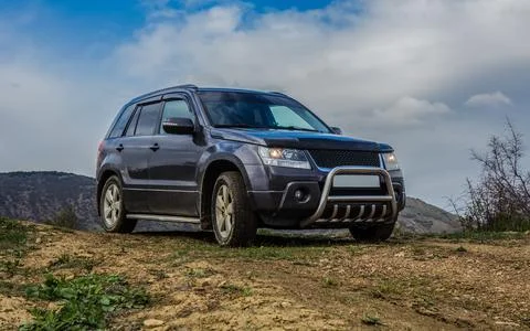 SUV on the field under a cloudy sky. Stock Photos